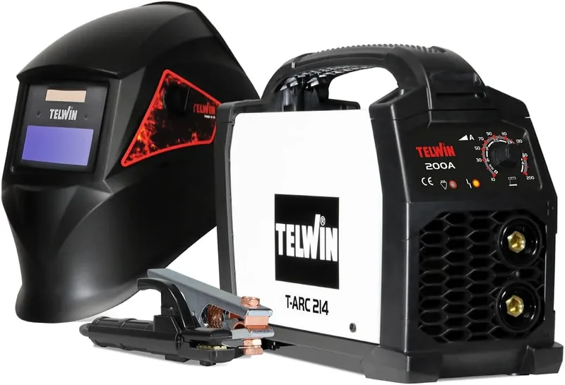 Telwin T-Arc 214 — Soldadora inverter de electrodo con máscara Tribe y accesorios